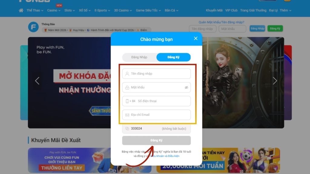 Điền đầy đủ thông tin cá nhân khi đăng ký tài khoản FUN88