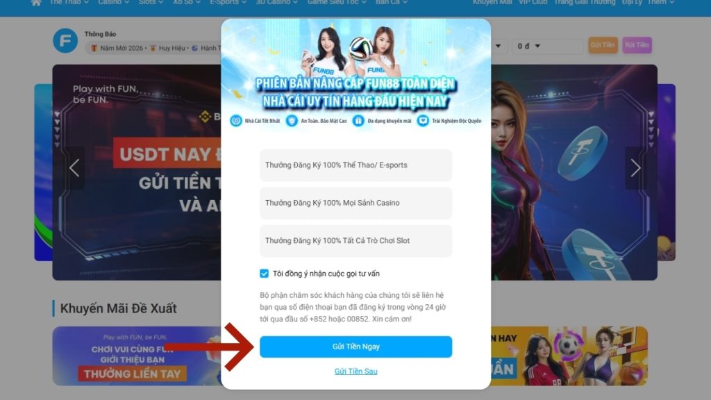 Thông báo đăng ký tài khoản FUN88 thành công