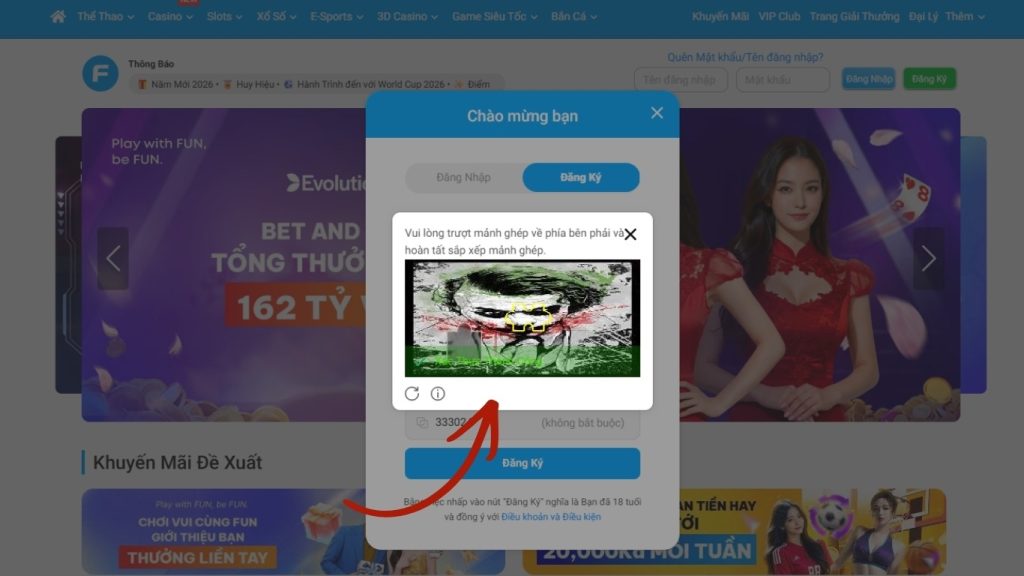 Thực hiện thao tác kéo thả để xác minh bảo mật FUN88